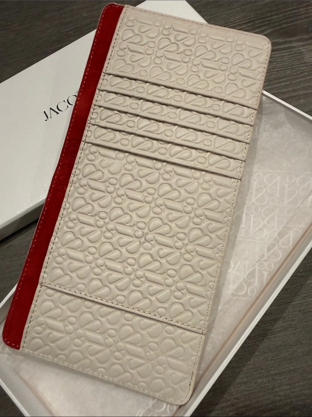 Jacob & Co Genève Women's Embossed purse organizer in Cream with Red Trim